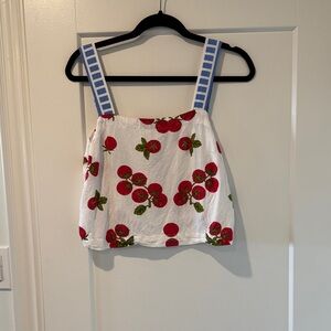 White Tank Top with Red cine tomatoes Print and Blue Straps